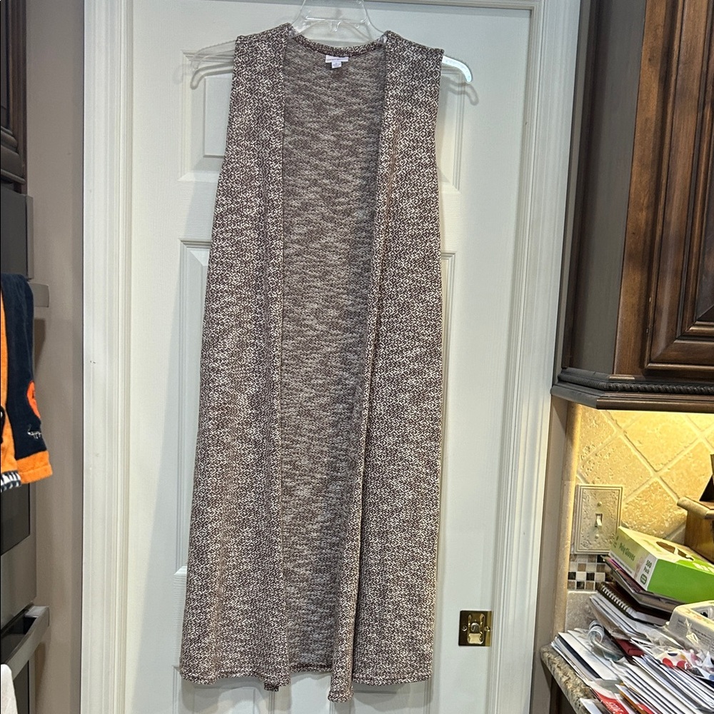 LuLaRoe Brown and Cream Knit Long Sleeveless Cardigan/Vest